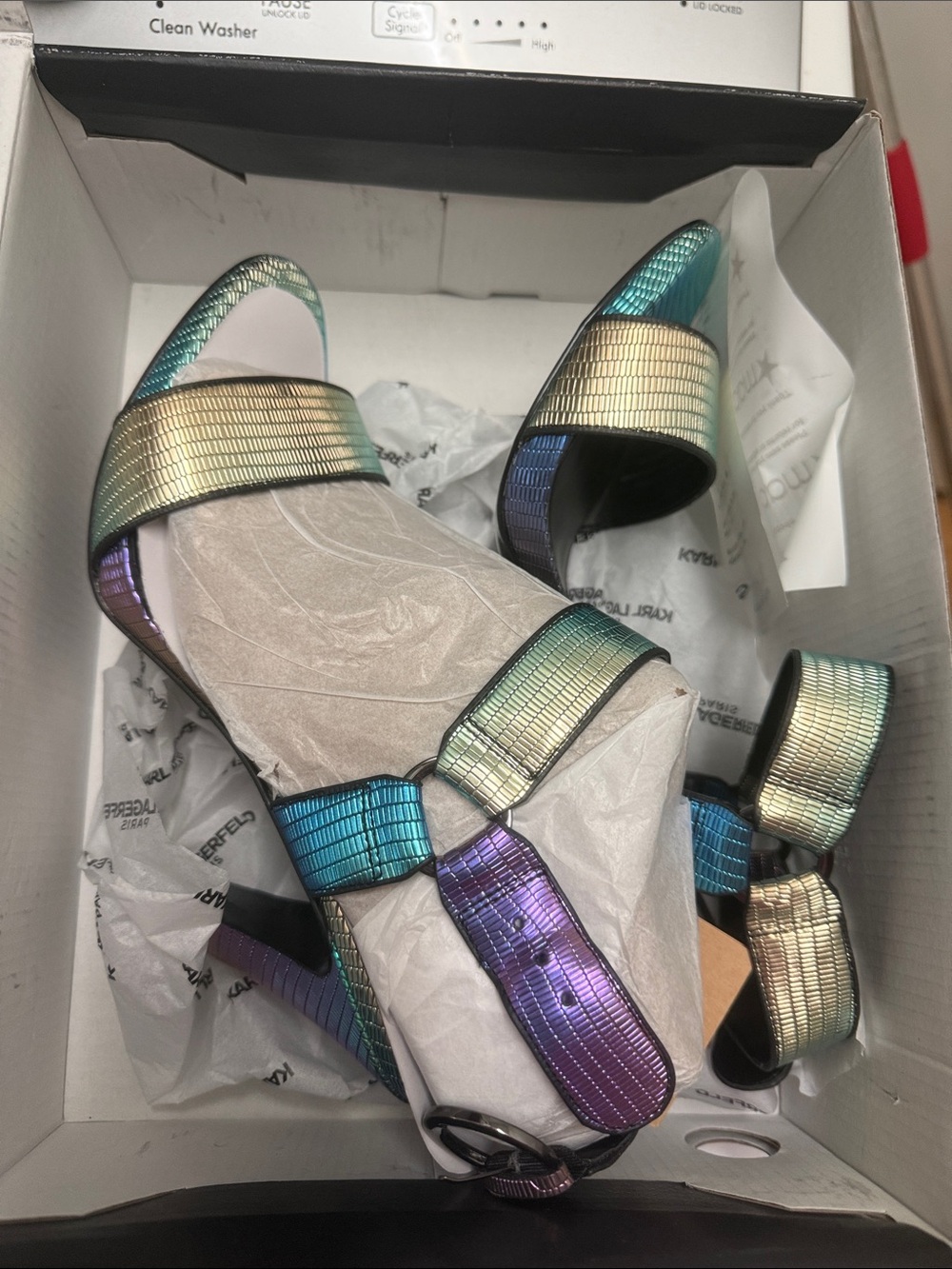 Karl Lagerfeld Iridescent Ankle Strap Heels